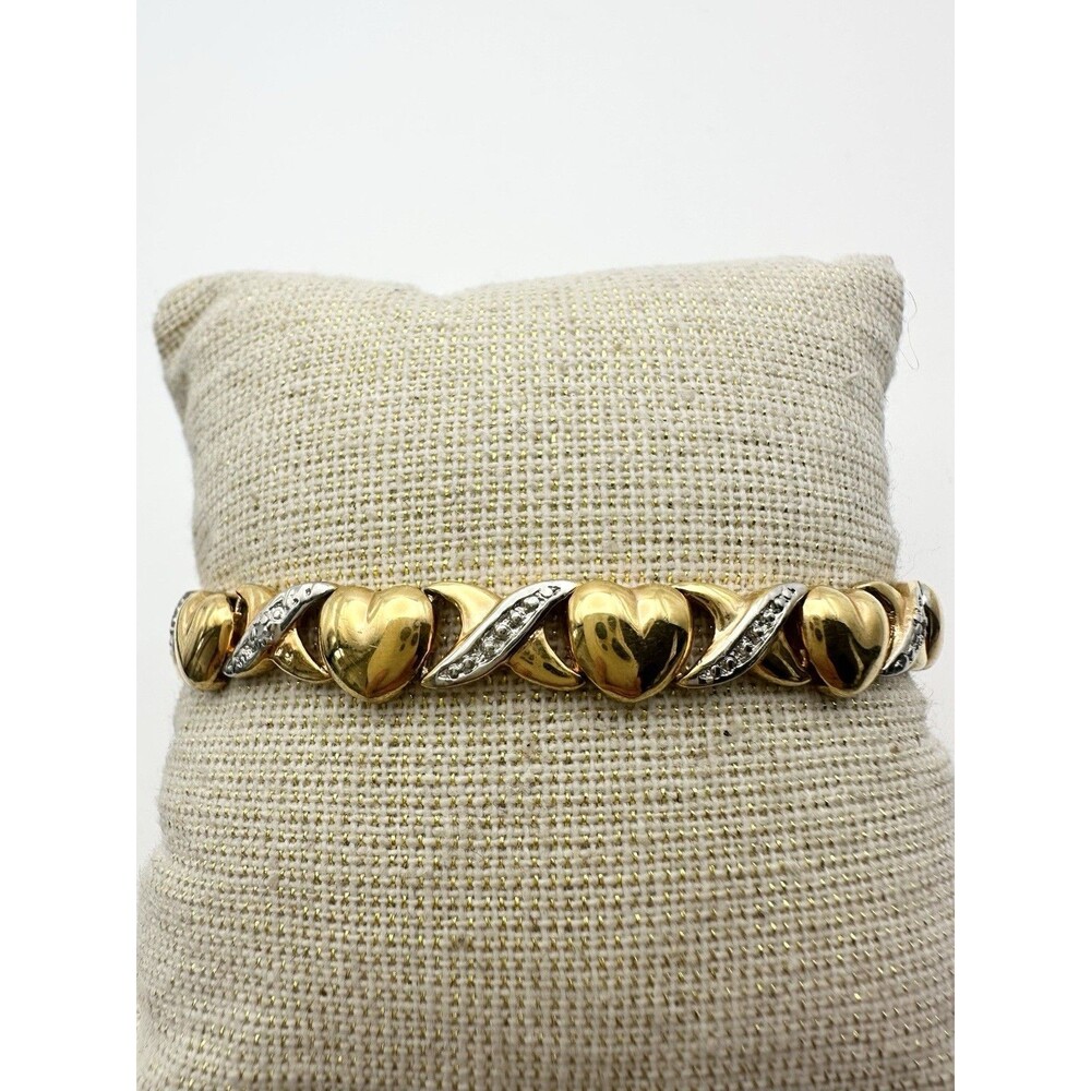 925 Sterling Silver 18k Gold Vermeil Genuine Diamond Heart Tennis Bracelet 7.25”